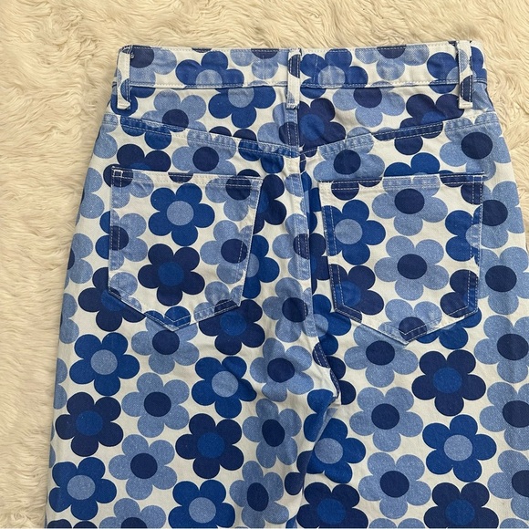 Zara Jeans Straight Leg High Rise Daisy Print Boho Hippie Floral Blue White 4 - Picture 6 of 12